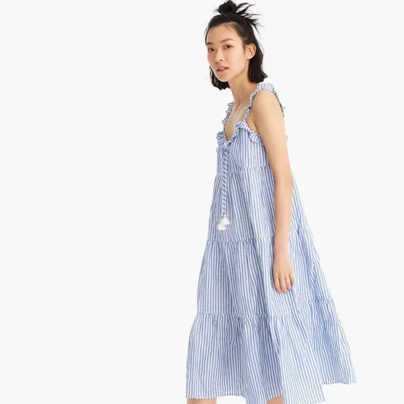 J Crew Cotton-linen tiered blue/white pinstripe Maximize sundress, S, MSRP $118 - Picture 2 of 14